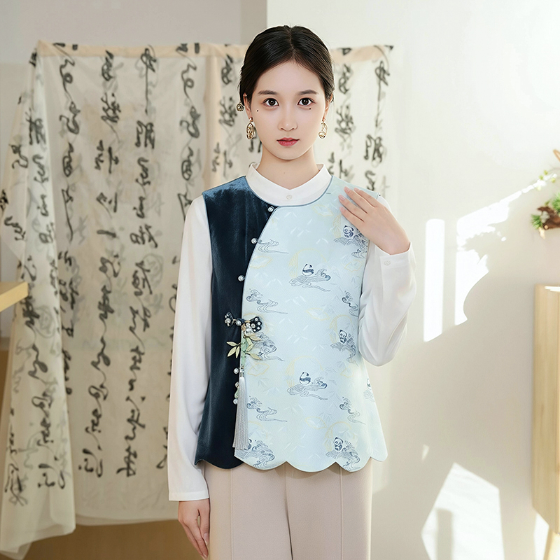 依山锦高端【丝绒拼接】宋锦国风马甲新中式桑蚕丝上衣女秋季外穿