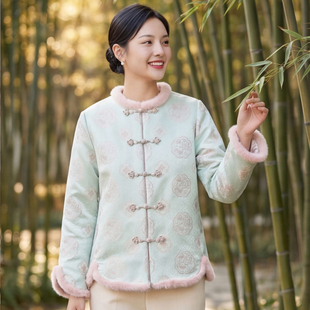 依山锦新中式100桑蚕丝宋锦外套棉服上衣水貂毛冬季国风高端女款