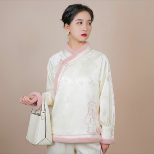 依山锦新中式 盘口立领水貂毛上衣提花外套 棉服国风小棉袄女冬季