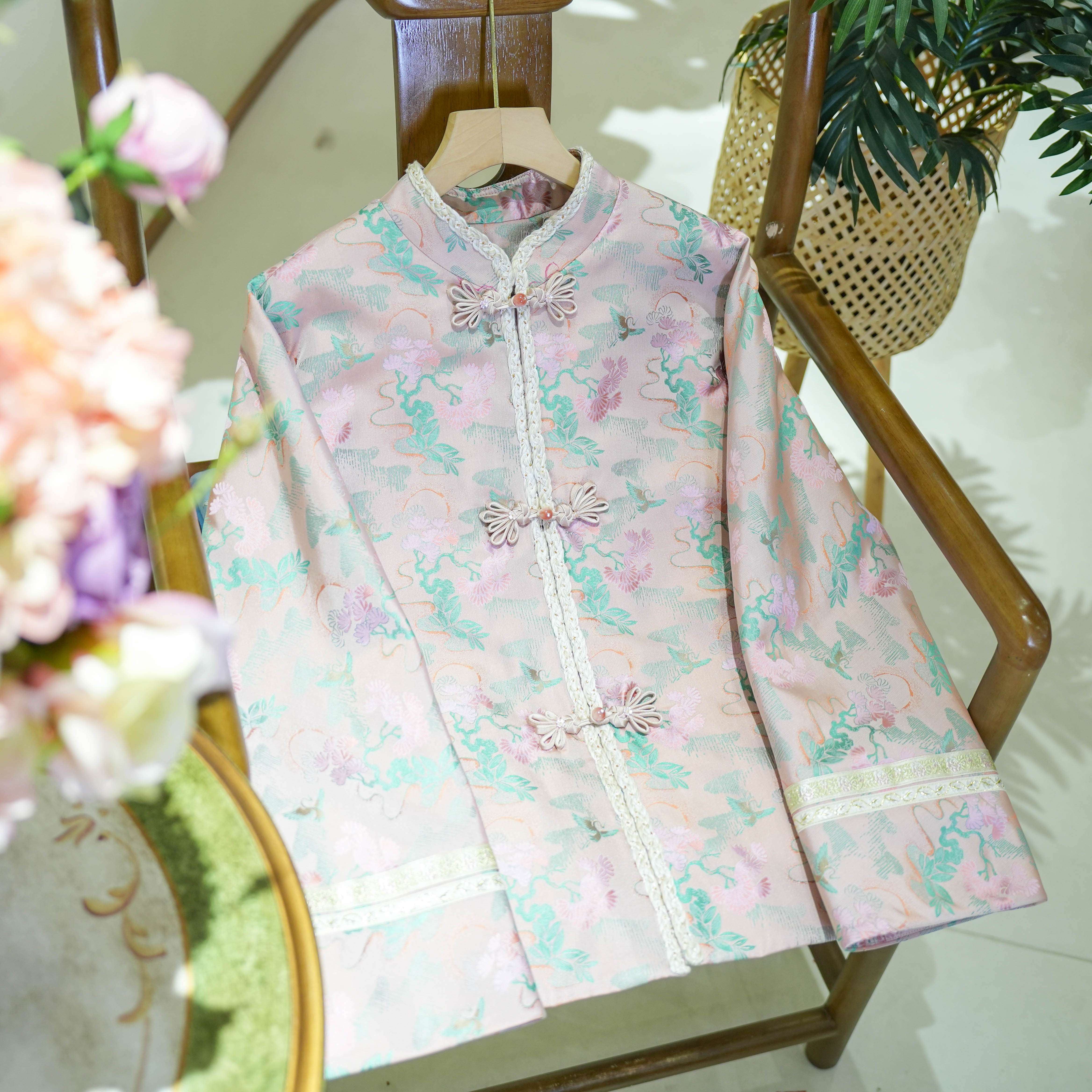 依山锦【松间鹤】宋锦国风立领秋外套新中式缎面桑蚕丝上衣棉服女