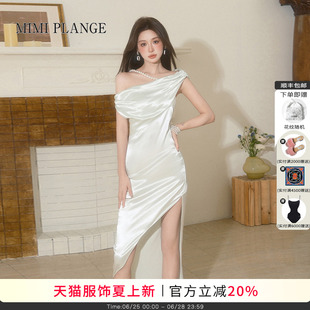 MIMI PLANGE三醋酸不规则斜裁收褶珍珠开叉连衣裙礼服女