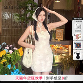 MIMI PLANGE复古珍珠立体浮雕刺绣花朵吊带连衣裙度假裙2025新款