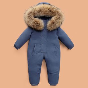 2025新款宝宝连体羽绒服男童女童外出加厚大毛领中小童滑雪大爬服