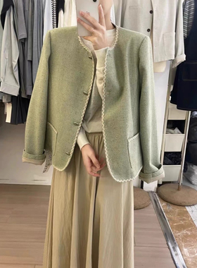 Eter 24韩春季新波浪边小香风简约编织粗花呢针织开衫外套女