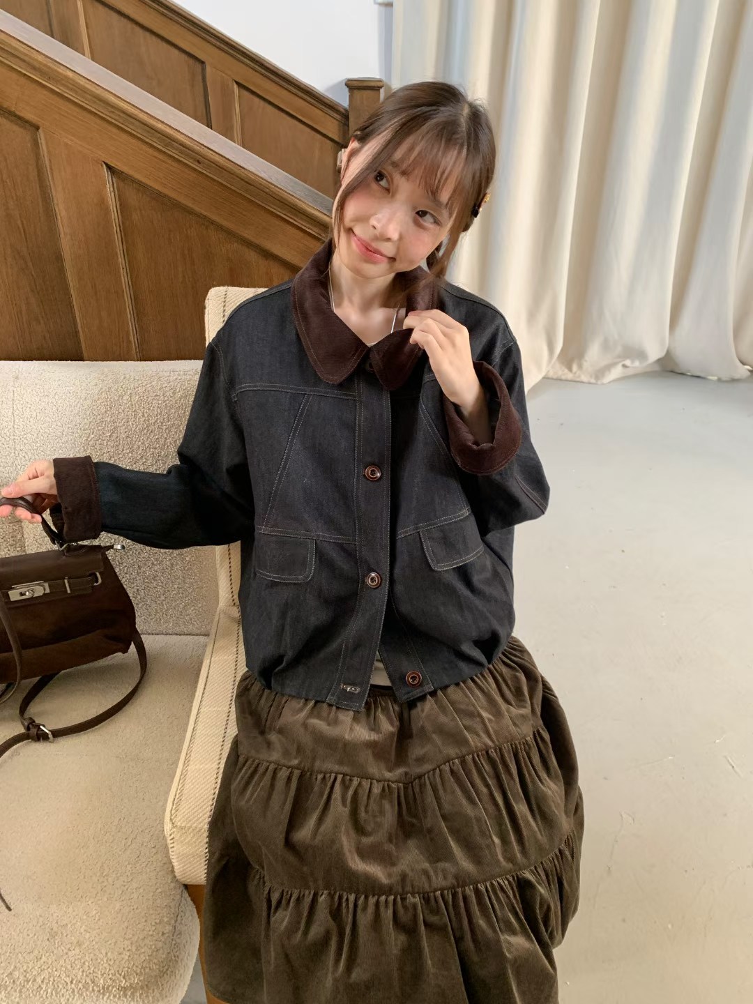 Eter 26韩系复古翻领撞色牛仔短外套女设计感小众洋气夹克潮图片