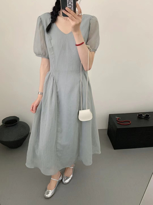 Eter 24韩夏季新款温柔风V领气质显瘦短袖泡泡纱连衣裙女纯色裙子