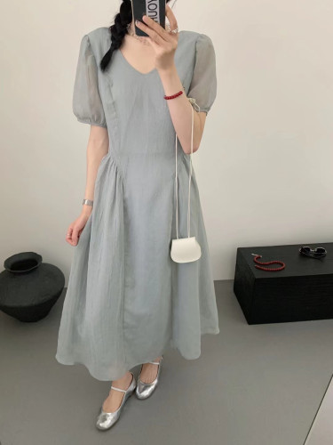 Eter 韩夏季新款温柔风V领气质显瘦短袖泡泡纱连衣裙女纯色裙子