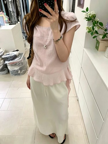 Eter 夏韩系甜美不规则飘带斜裁设计感简约风圆领飞袖上衣小衫