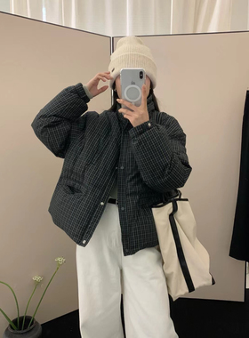Eter 24冬韩版立领格子羽绒服90白鸭绒女宽松短款格纹羽绒衣外套