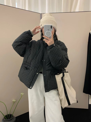 Eter 24冬韩版立领格子羽绒服90白鸭绒女宽松短款格纹羽绒衣外套