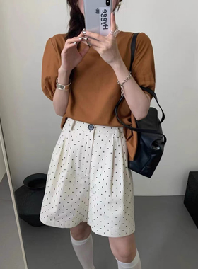 Eter 24韩夏季新纯棉波点打褶阔腿短裤女高腰直筒减龄显瘦百搭裤