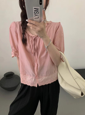 Eter 24韩夏季新款甜美减龄蕾丝花边系带短袖衬衫女小众上衣T桖