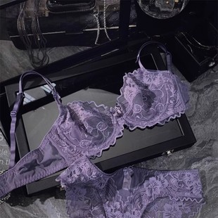 法式 禁欲系 超薄蕾丝内衣女大胸显小性感透视软钢圈上托文胸套装