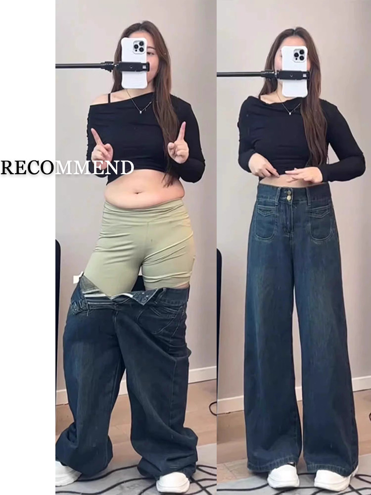 Padded and thickened dark blue wide-leg jeans for women, 2025 new style, plus size, suitable for pear-shaped figures, slimming straight pants