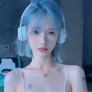 速发假发短发蓝色显白波波头发型圆脸头脸减龄自然少发短中全修套