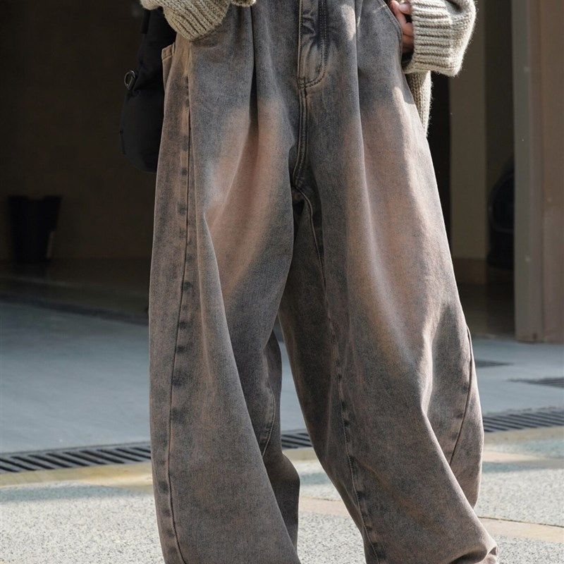 速发脏粉色复古做旧高腰宽腿牛仔裤冬季新松抓绒阔款休闲长裤