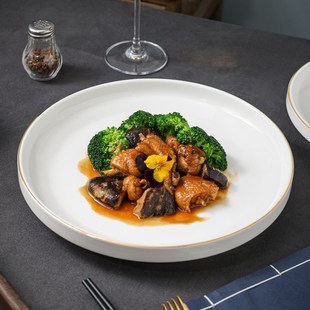 速发轻脚盘子汤盘大菜盘高级感酒店饭店中餐金边创意高奢式具深盘