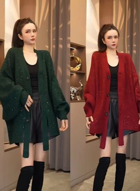 61368新款韩版亮片v领针织开衫女春季宽松高级感好看洋气休闲外套