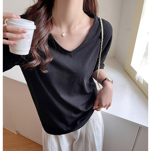 韩版松弛风V领短袖T恤女休闲简约宽松落肩袖百搭宽松棉麻慵懒上衣