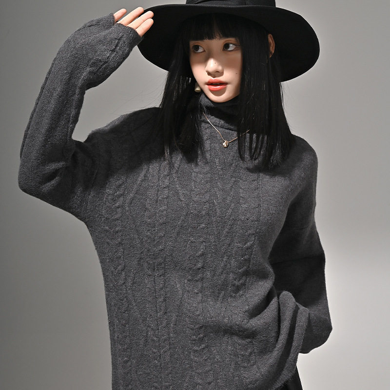 休闲慵懒风高领麻花针织衫毛衣女秋冬宽松保暖套头外穿深灰色上衣