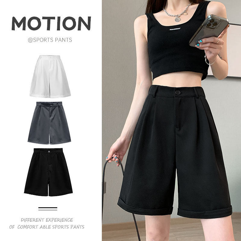 高腰西装短裤女夏季薄款显瘦真丝自然风休闲五分裤小个子直筒裤女