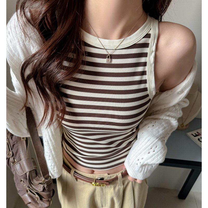 短款抹胸复古条纹无袖背心女修身显瘦设计感打底内搭可外穿上衣女