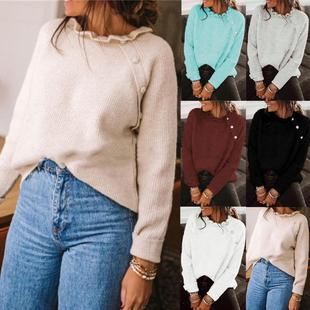Pullover Leaf Loose Sweater Button Top Color Collar Women
