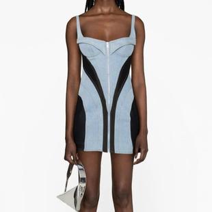 color skirt contrast waist stitching denim Sexy suspender
