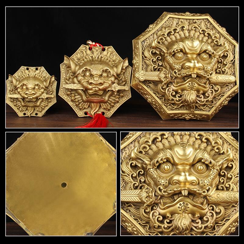 铜狮咬剑挂件铜狮子挂件虎头牌兽头铜八角狮头摆件铜睚眦摆件