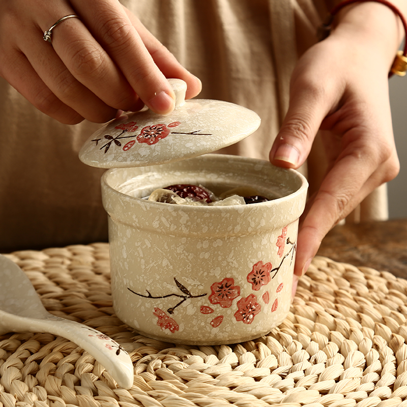 陶瓷隔水炖盅带盖炖燕窝盅家用酒店雪花瓷釉下手彩蒸蛋盅4寸炖罐