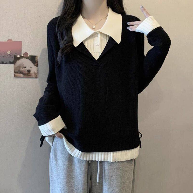 大码女装遮肚子假两件POLO领针织衫女秋冬胖妹妹宽松显瘦打底毛衣