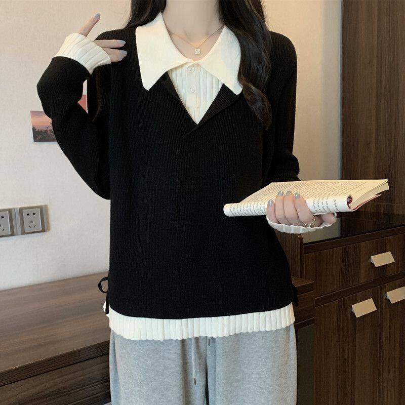 遮肚子拼色假两件长袖打底衫秋冬微胖MM大码显瘦宽松针织毛衣上衣