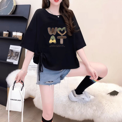 超好看短款纯棉短袖t恤女夏季宽松小个子chic韩系不规则抽绳上衣