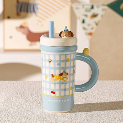 高颜值大容量卡通吸管杯带盖马克杯套装防尘陶瓷杯水杯家用女生杯