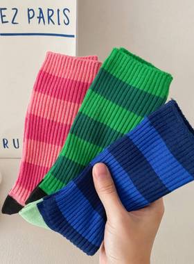 袜子女秋冬条纹蓝色运动长袜潮绿色秋季中筒斑马撞色双色拼接ins