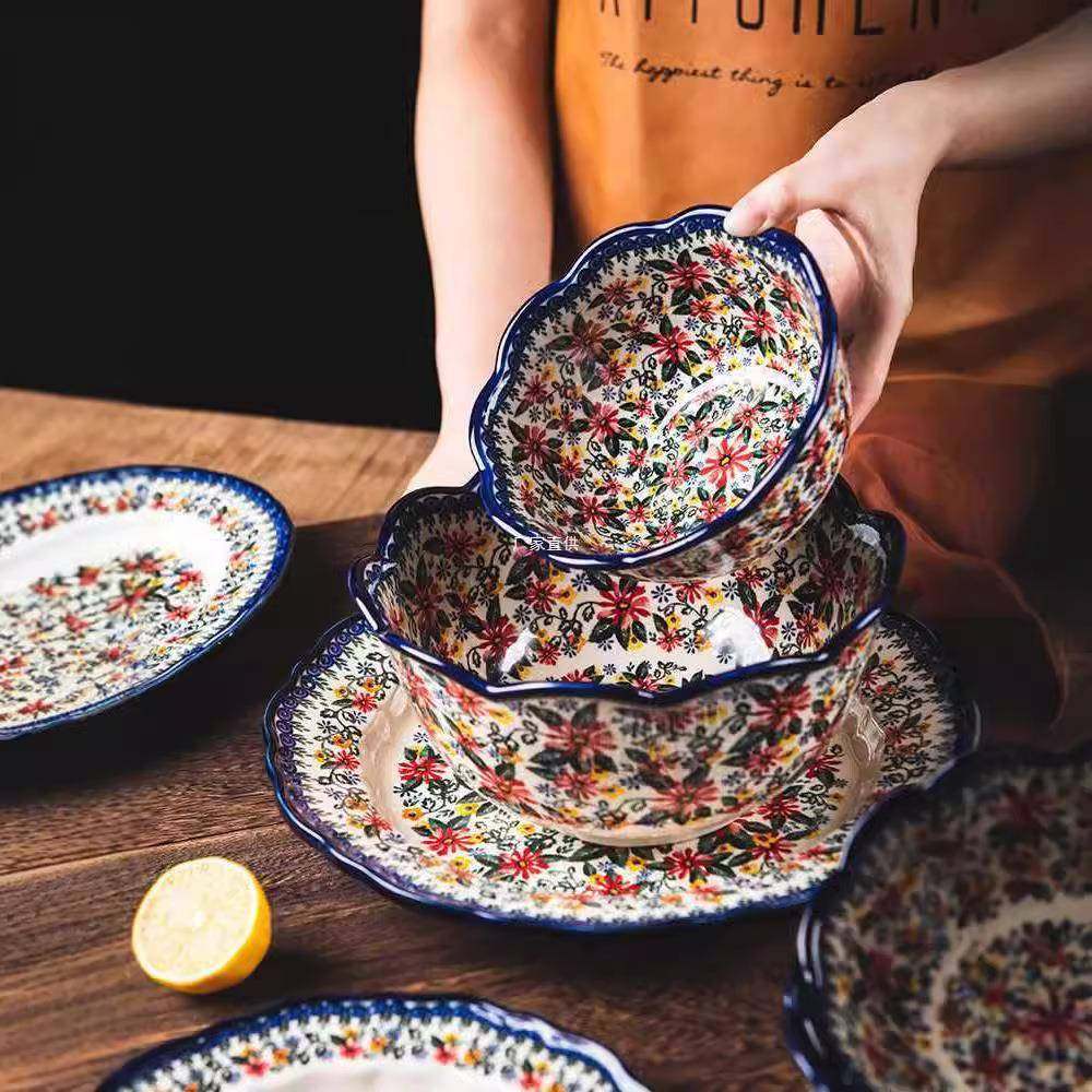 异域雏菊波兰陶瓷餐具家用创意碗碟套装日式饭碗双耳面碗汤碗盘子,餐饮具,餐具瓷器套装,淘宝优惠券,粉丝福利购,淘宝优惠卷