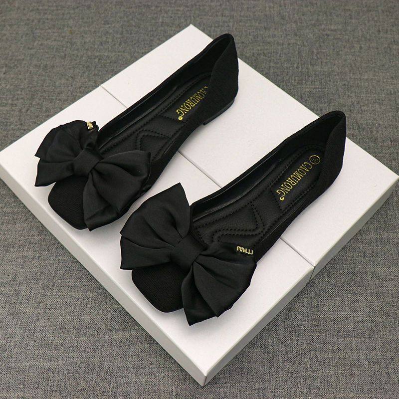 平底软底单鞋女2023年新款方头鞋一脚蹬蝴蝶结黑色百搭工作瓢鞋女,女鞋,浅口单鞋,淘宝优惠券,粉丝福利购,淘宝优惠卷