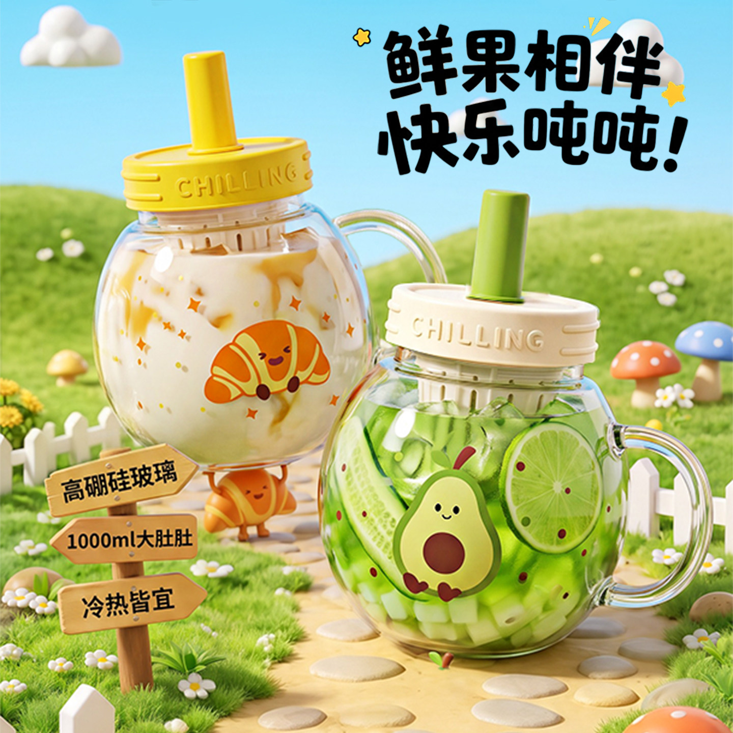 高颜值大容量创意可爱吸管玻璃杯图片