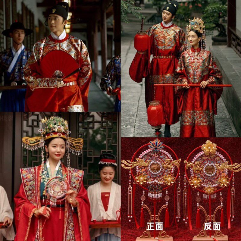 速发古装中式婚纱照喜影结婚宫摄扇明制汉服团扇高端长柄古风礼扇