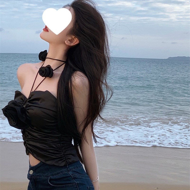 速发法式纯欲风性感花朵挂脖小吊带背心夏内搭高腰短款抹胸辣妹上