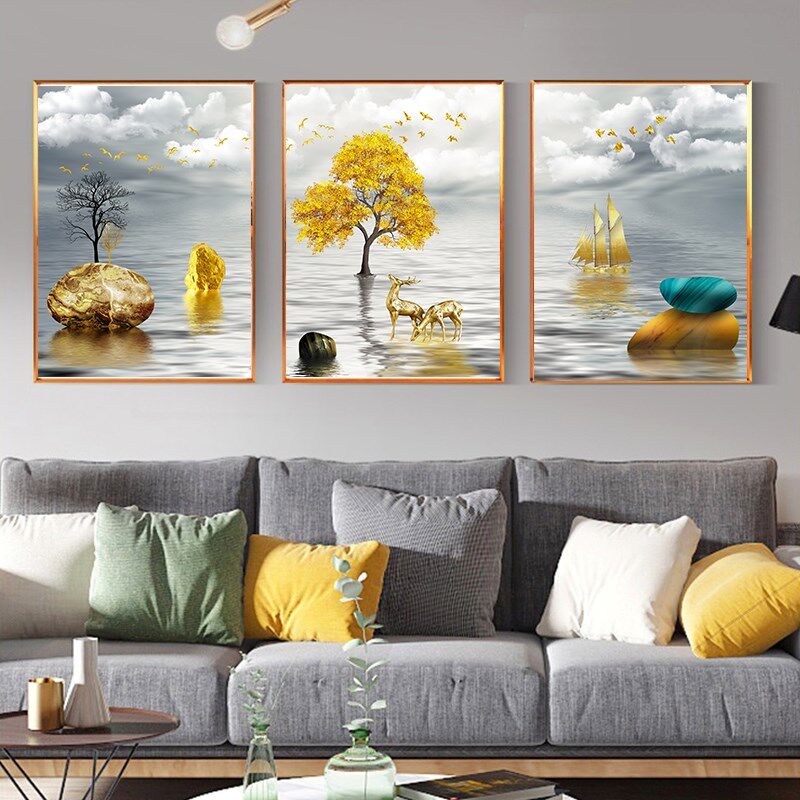 速发石来沙转客厅装饰画运发背景墙三联幅壁画中国风招财挂画尺寸