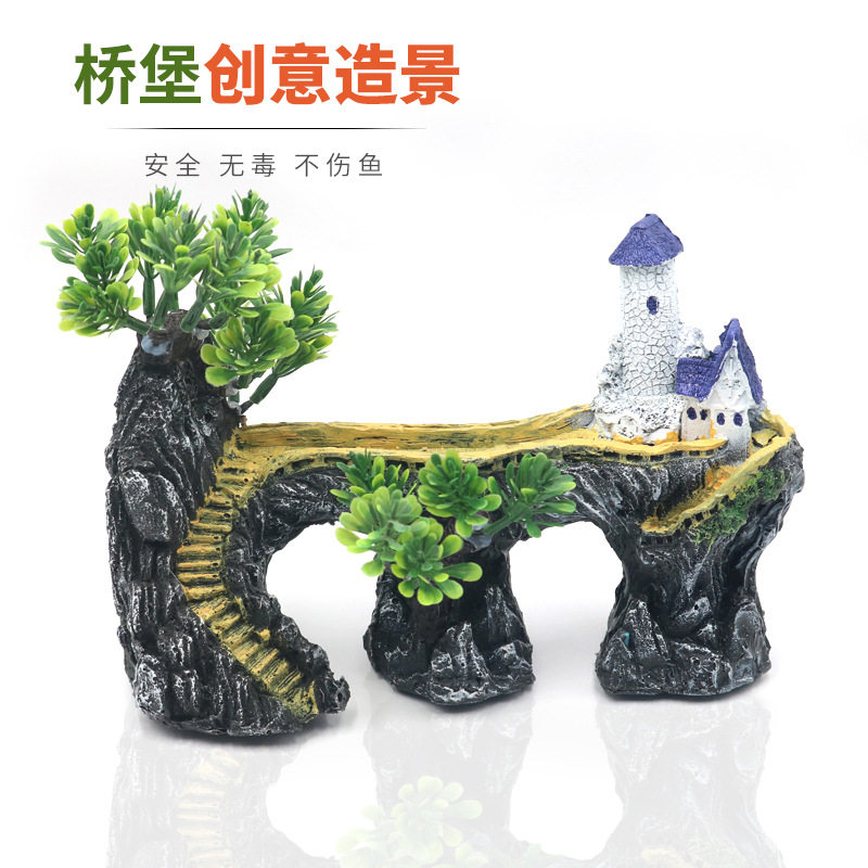 创意鱼缸造景装饰树脂工艺假山摆件大树木屋灯塔鱼虾躲避洞