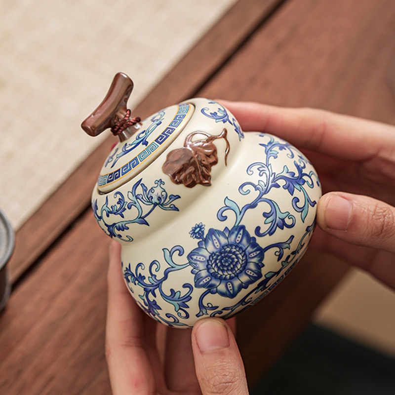青花汝窑葫芦茶叶罐陶瓷小号储存罐防潮密封茶罐高级感茶叶储存罐图片
