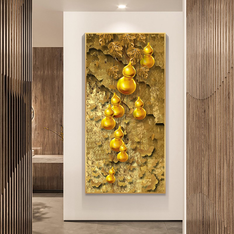 葫芦麋鹿中式福禄双全入户招财玄关装饰画五福临门过道壁画挂画金