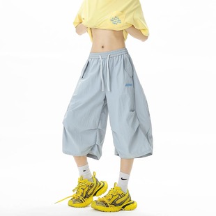 情侣过膝短裤 hiphop冰丝休闲伞兵裤 男女夏季 多巴胺刺绣速干七分裤