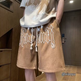 运动五分裤 特大码 宽松直筒中裤 男夏季 300斤港风复古纯棉印花短裤