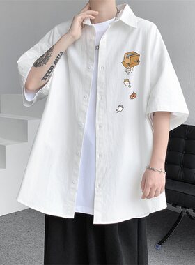 港风卡通小猫短袖衬衫外套男夏装