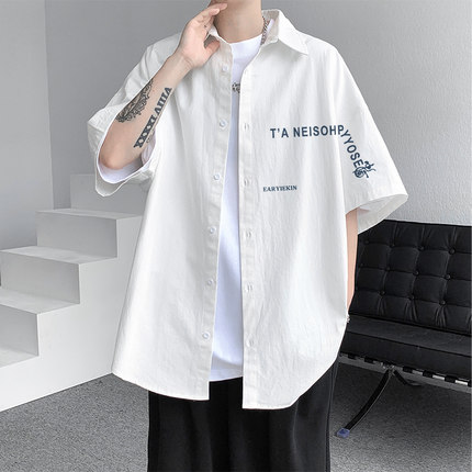 夏季新款短袖衬衫男美式潮牌复古宽松外套潮流痞帅设计感印花衬衣