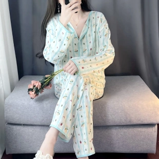 宽松甜美家居服套装 2025夏季 长袖 新款 睡衣女春秋云朵棉小翻领开衫