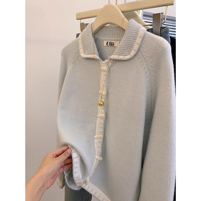 韩版甜美减龄牛角扣针织开衫女秋冬洋气休闲百搭显瘦polo翻领毛衣